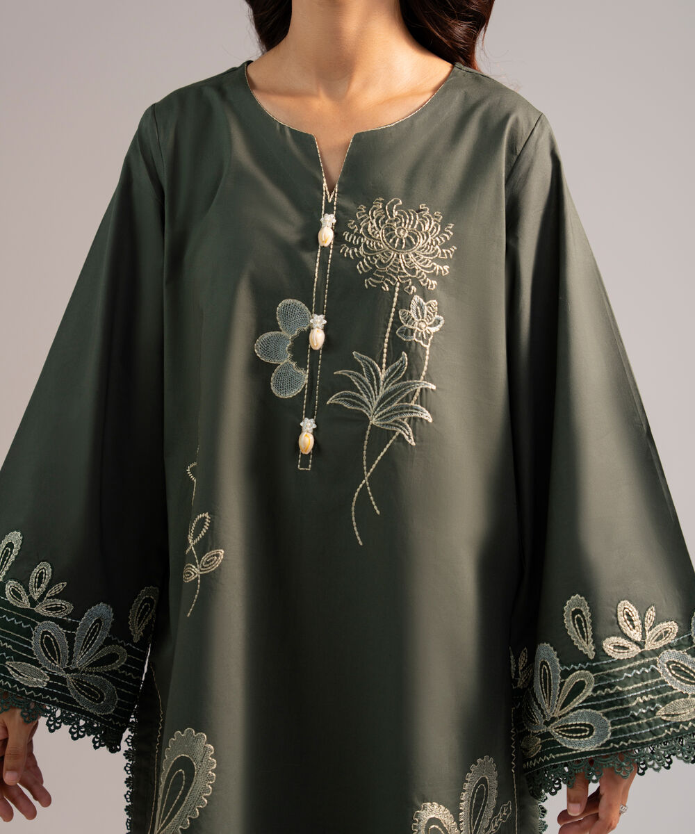 Women's RTW Cambric Embroidered Dark Green A-Line Shirt