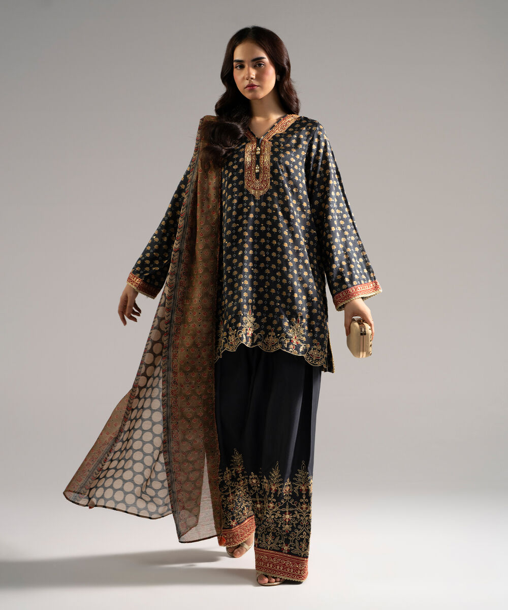 Women's RTW Raw Silk Embroidered Black 3 Piece Suit