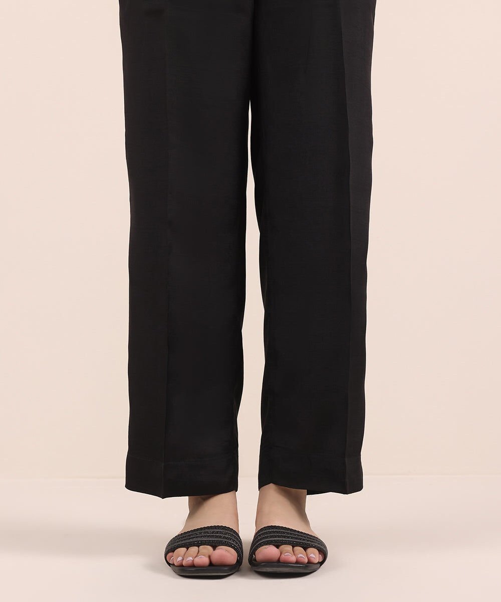 Woman - Black Raw Silk Straight Pants
