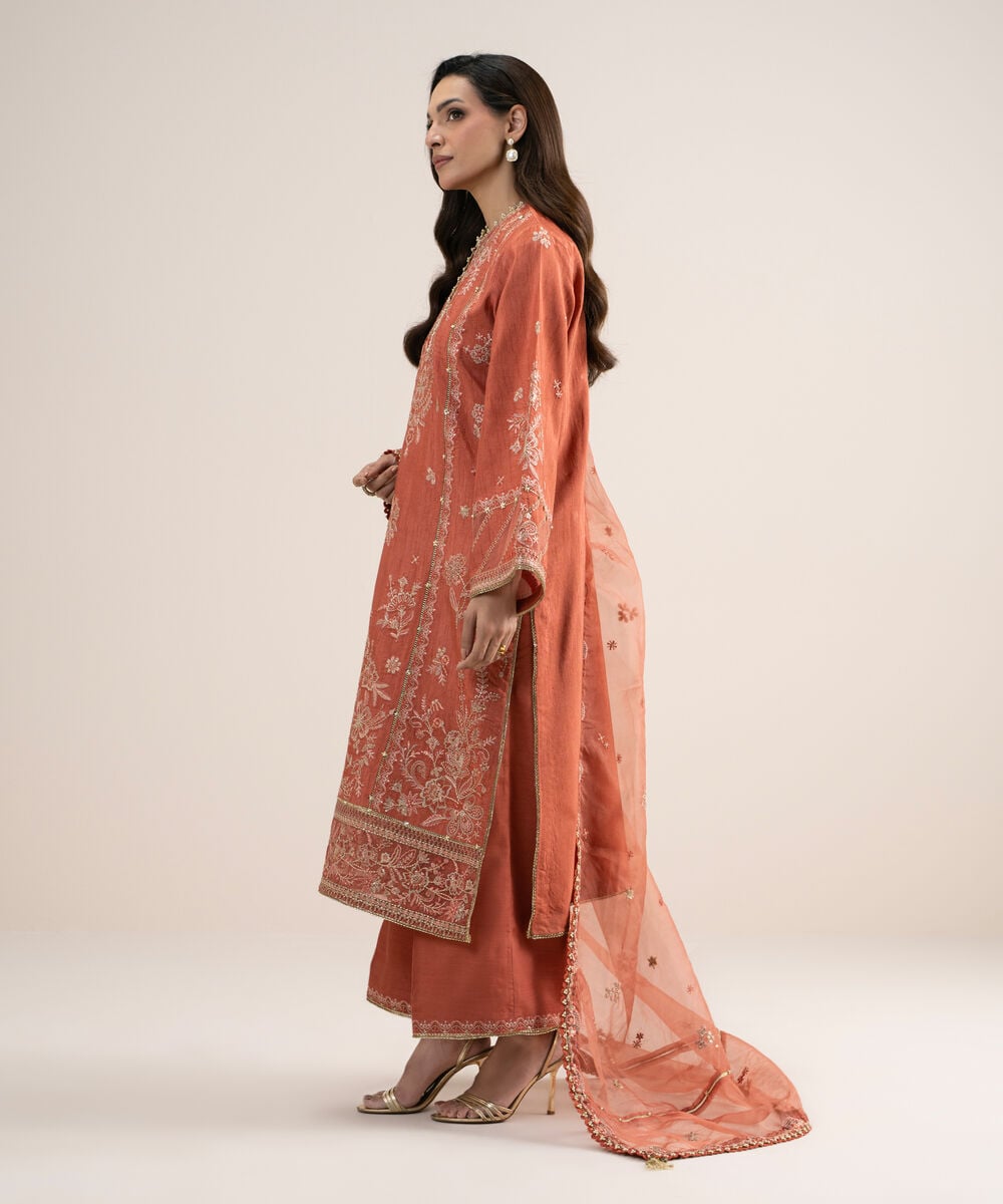 Womens Unstitched Viscose Raw Silk Embroidered Peach 3 Piece Suit