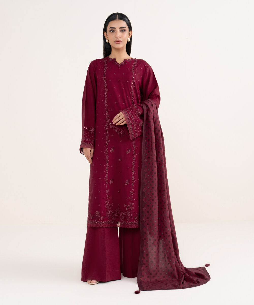 Women's Unstitched Linen Embroidered Red 3 Piece Suit