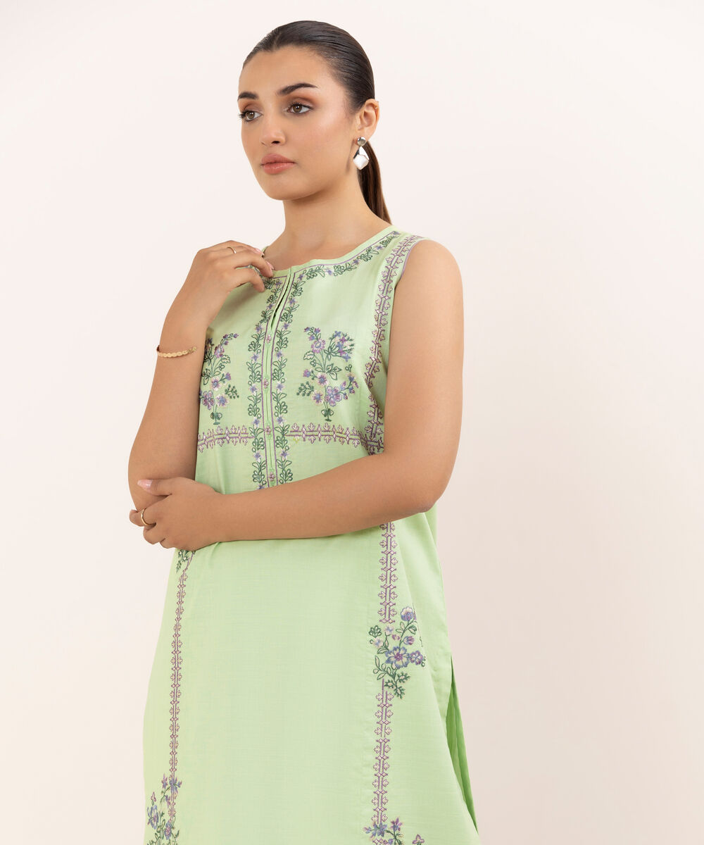 Women's Unstitched Cotton Embroidered Green Two Piece Suit