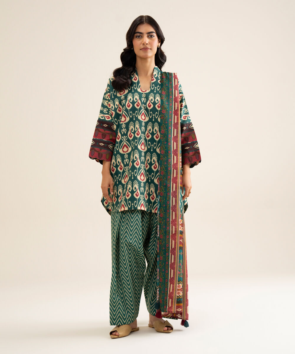 Women's Unstitched Cotton Printed Multi 3 Piece Suit