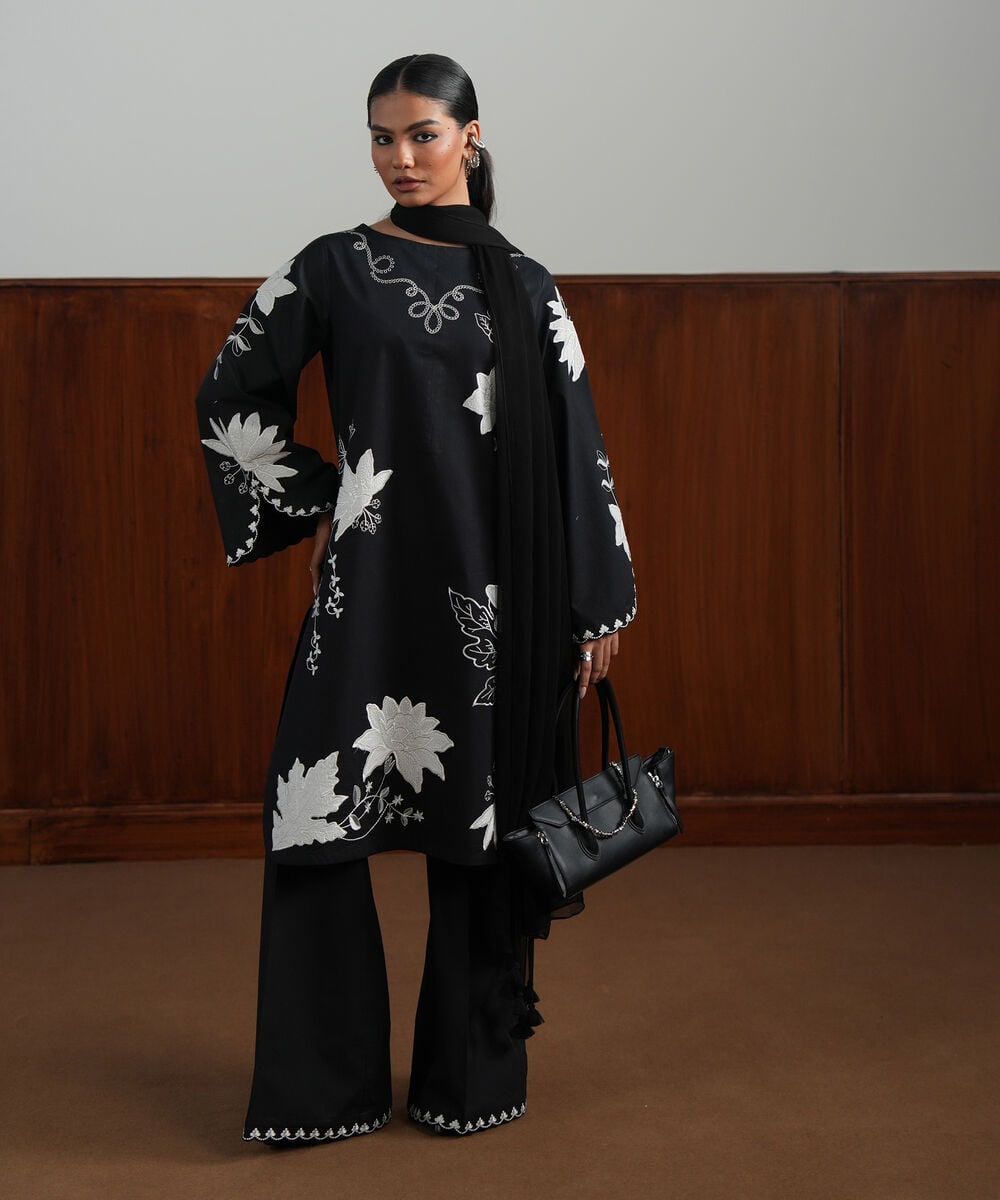 Women's Unstitched Textured Lawn Embroidered Black 3 Piece Suit