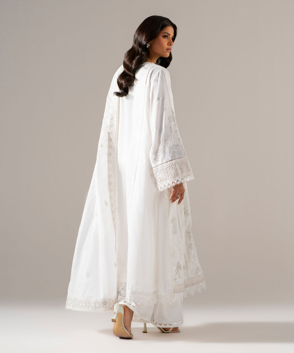 Women's RTW Cotton Satin Solid Embroidered Off White 3 Piece Suit