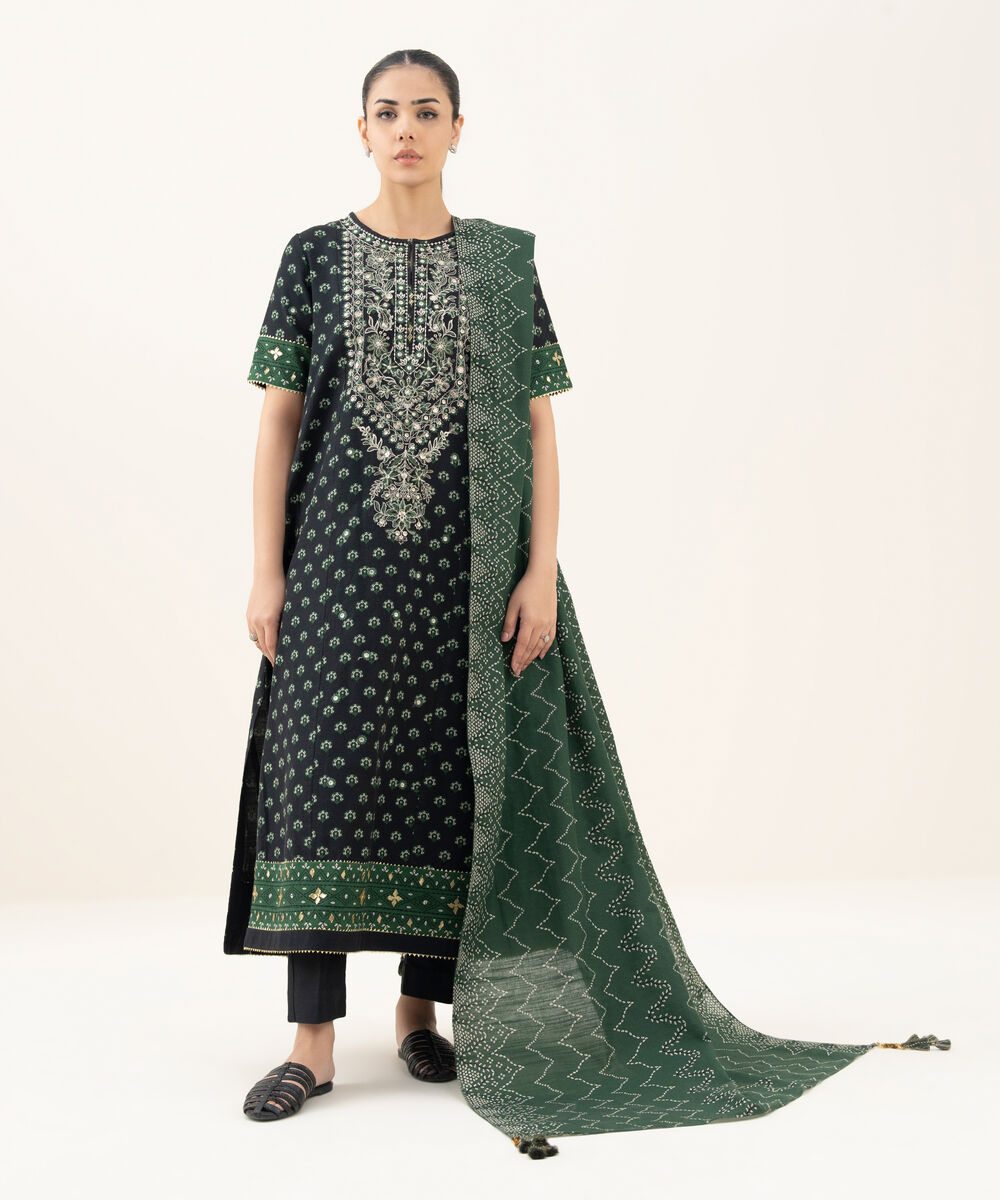 Women's Unstitched Embroidered Khaddar Black and Green 3 Piece Suit