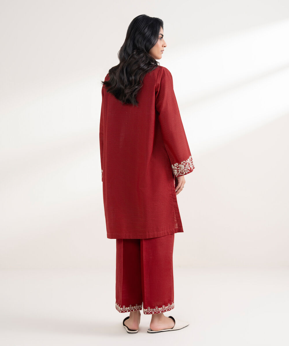 Women's RTW Zari Khaddar Embroidered Red Straight Shirt