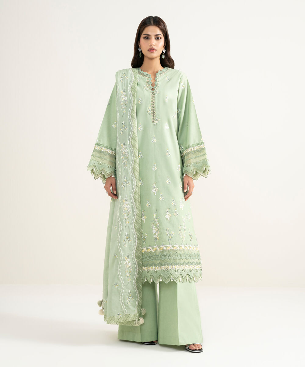 Women's Unstitched Textured Lawn Embroidered Green 3 Piece Suit