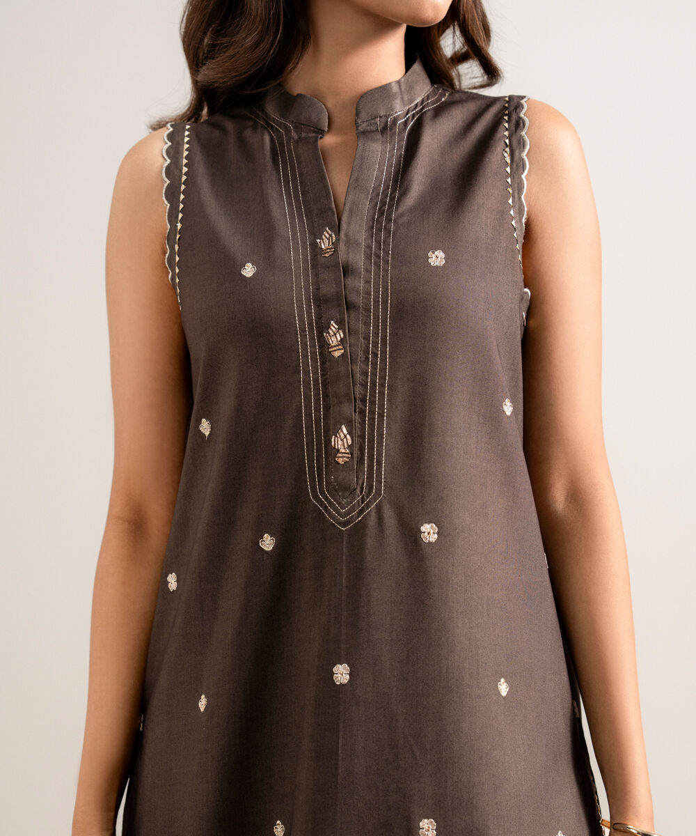 Women's Unstitched Embroidered Linen Brown 3 Piece Suit
