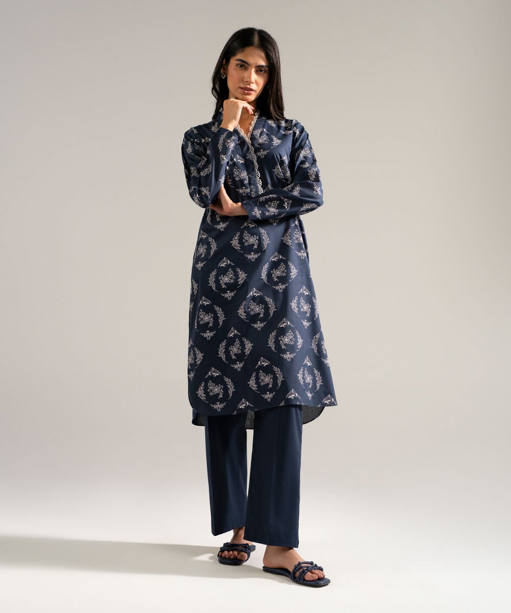 Women's RTW Lawn Printed Blue Straight Shirt