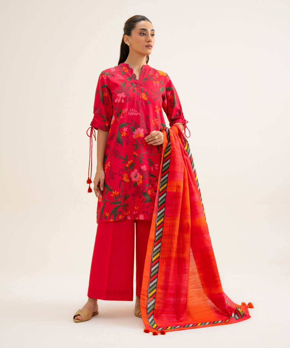 Women's Unstitched Lawn Printed Pink 3 Piece Suit