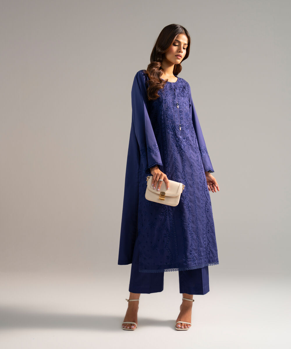 Women's RTW Dobby Embroidered Dark Blue 2 Piece Suit