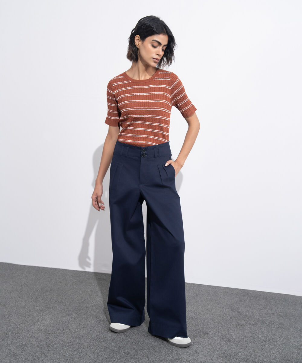 Women's Western Wear Blue Pleated Chino Trousers