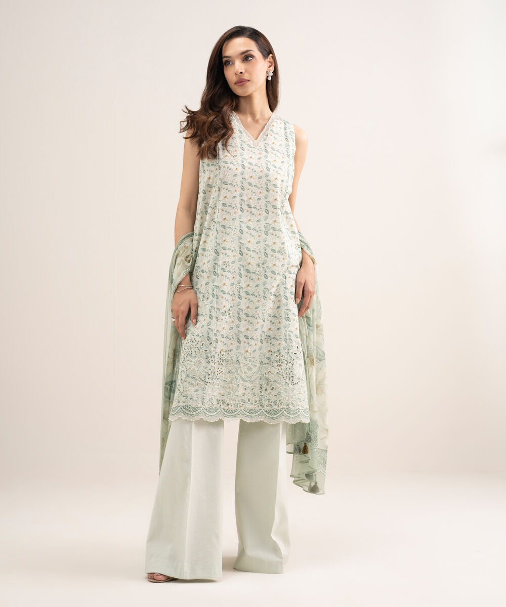 Women's Unstitched Lawn Embroidered Green 3 Piece Suit