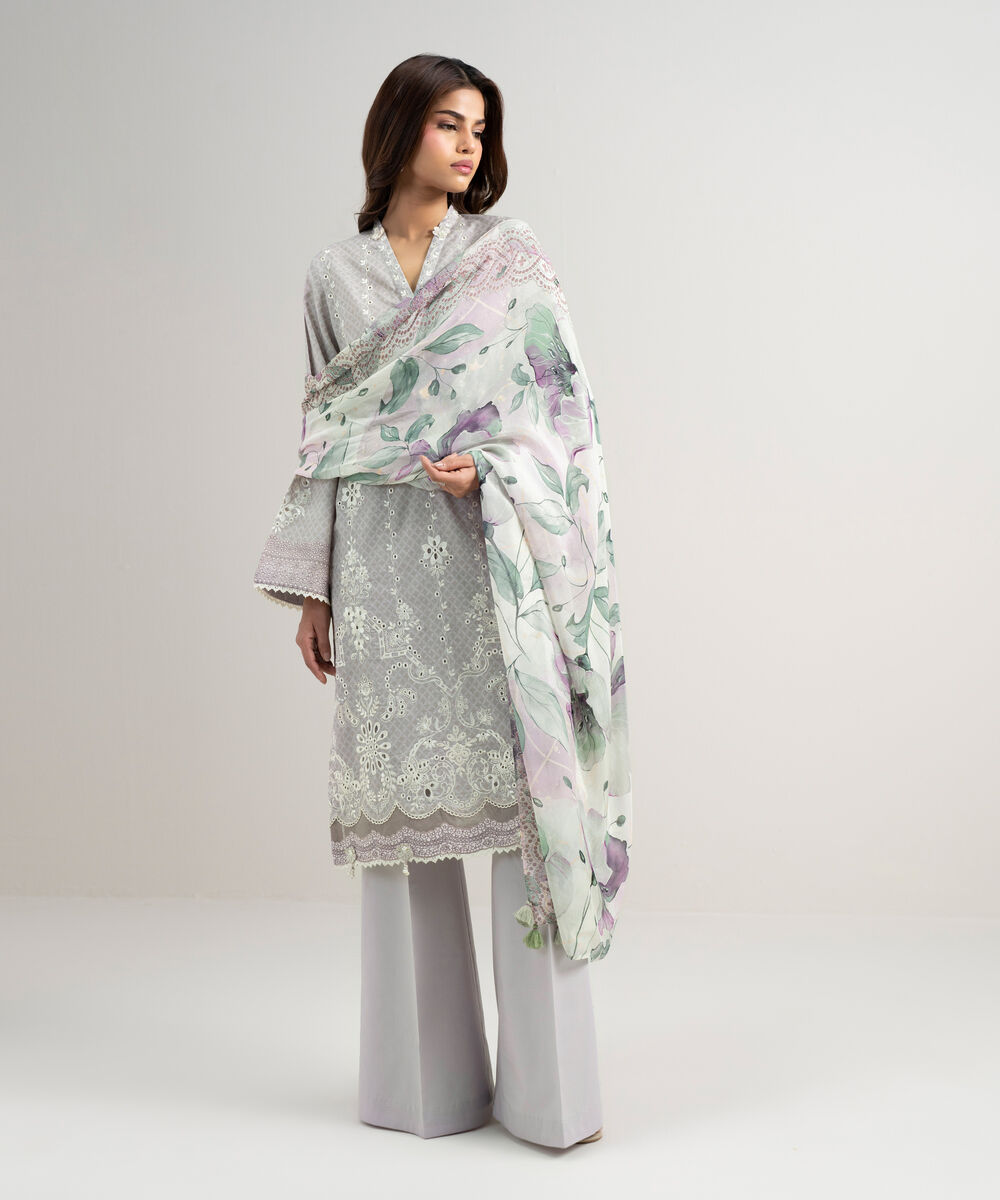 Women's Unstitched Cotton Jacquard Embroidered Lilac 3 Piece Suit