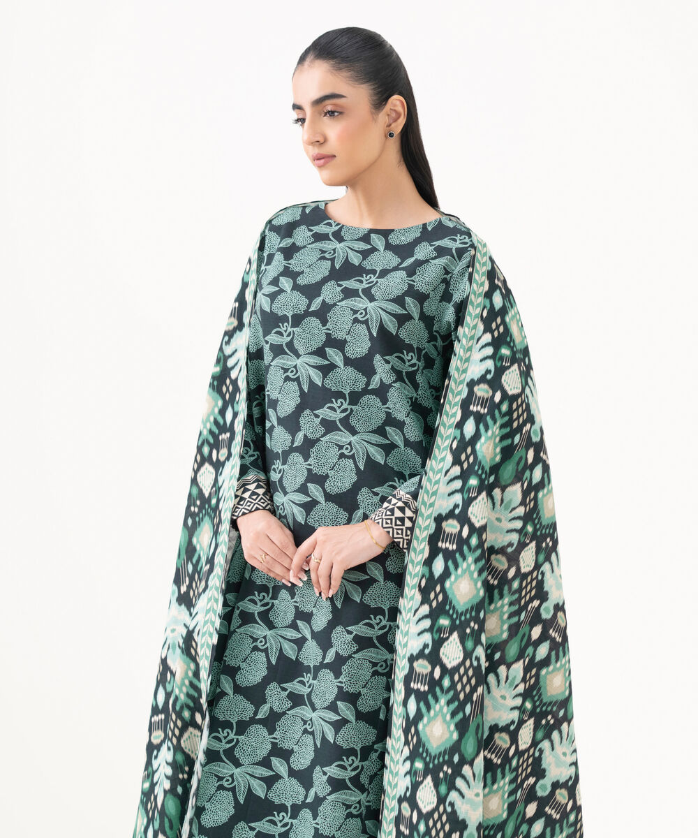 Women's Unstitched Khaddar Printed Blue 3 Piece Suit