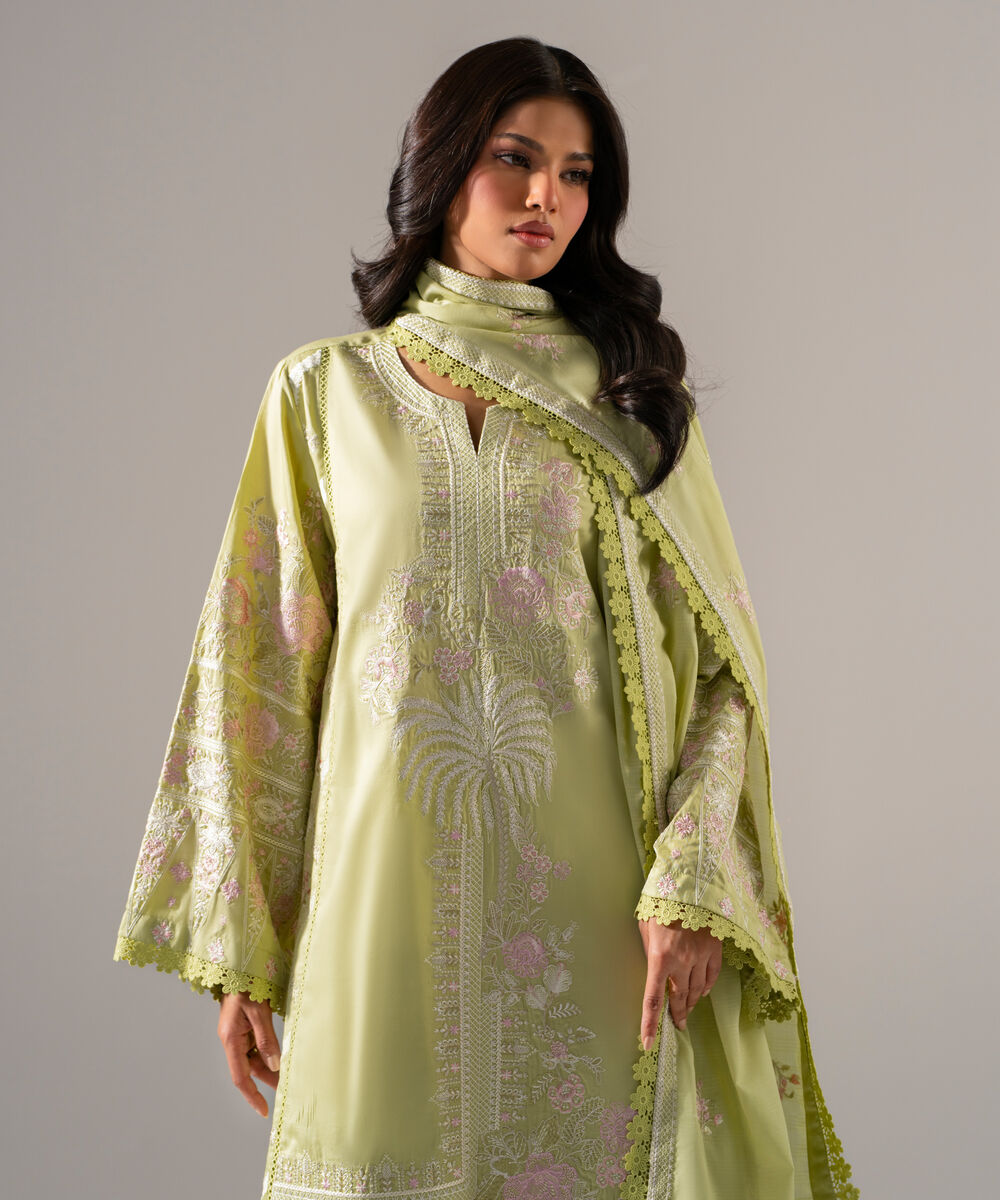 Women's RTW Cotton Satin Solid Embroidered Green 3 Piece Suit