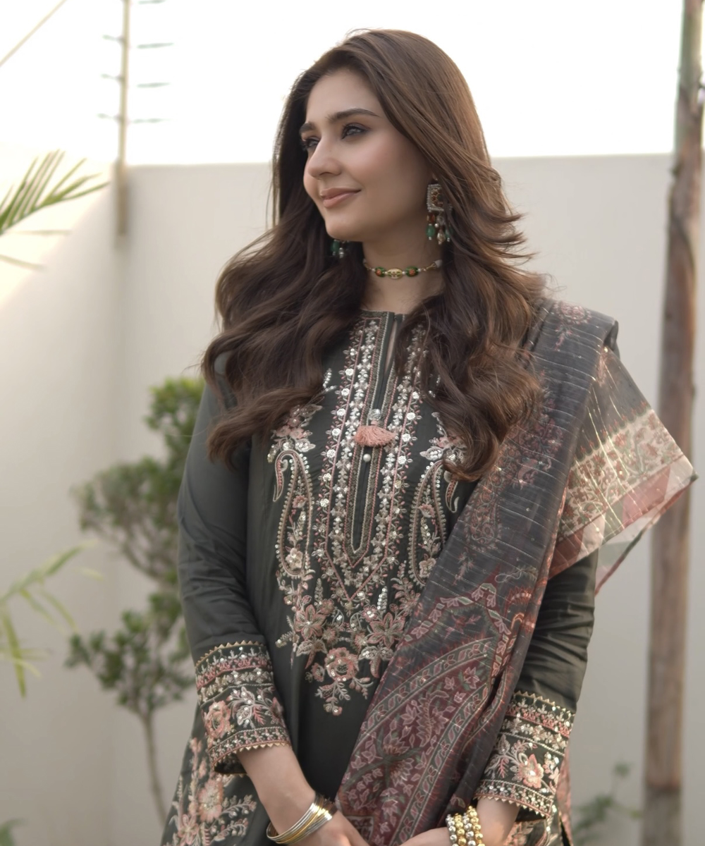 Women's RTW Viscose Raw Silk Embroidered Dark Green 3 Piece Suit