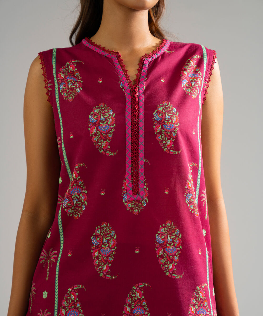 Women's RTW Slub Lawn Printed Pink Straight Shirt