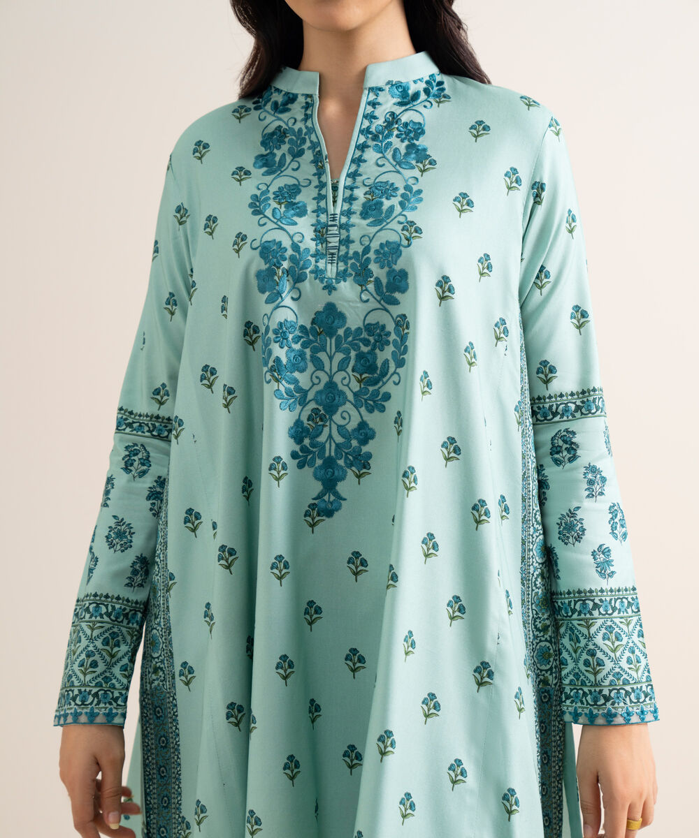 Women's Unstitched Embroidered Linen Light Aqua 3 Piece Suit