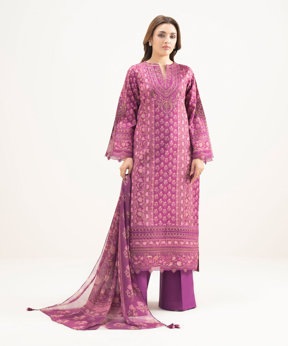 Women's Unstitched Blended Grip Silk Embroidered Purple 3 Piece Suit
