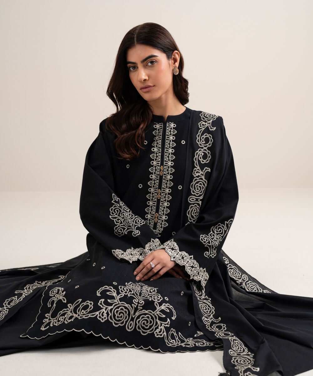 Women's Unstitched Dobby Embroidered Black 3 Piece Suit