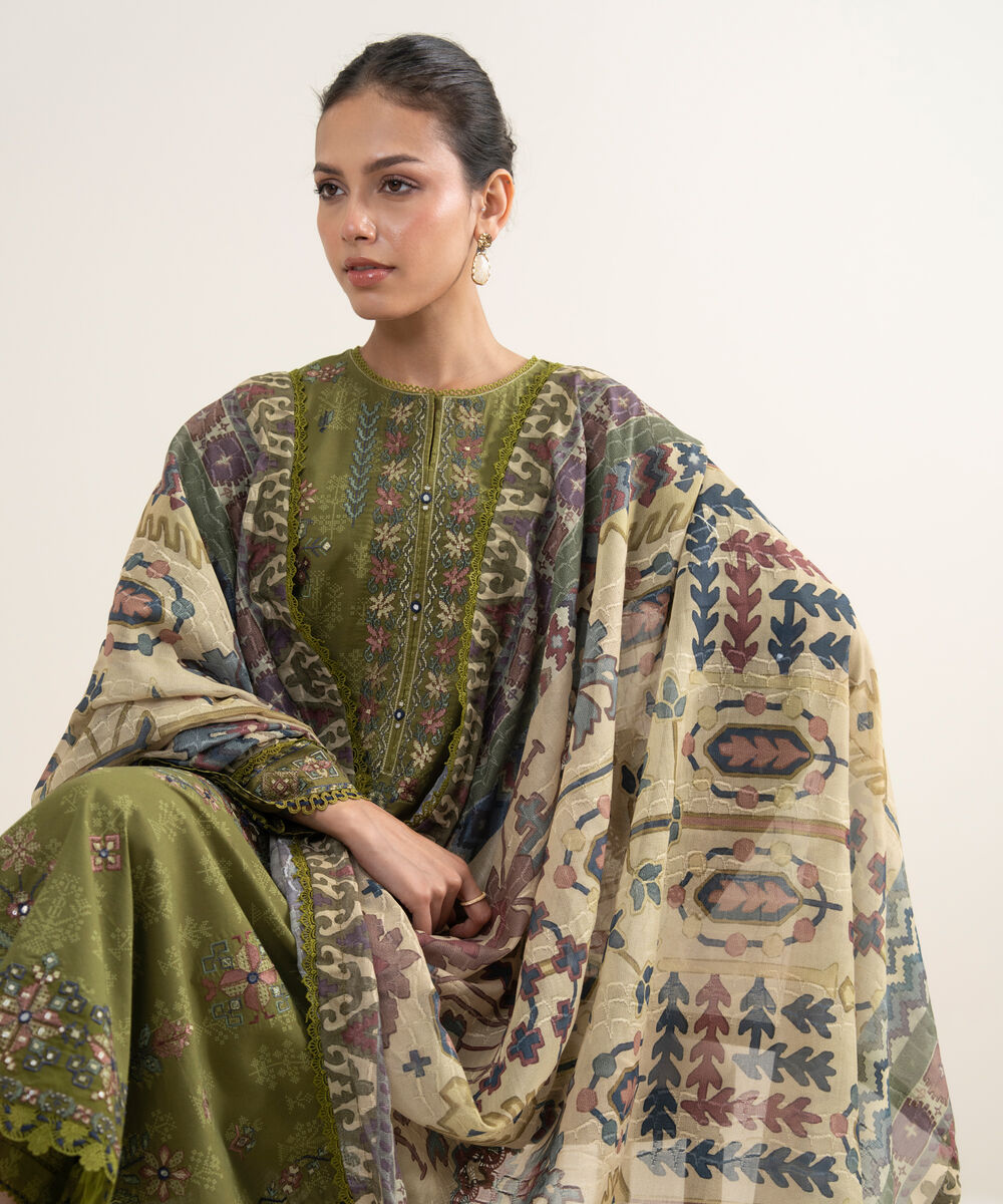 Women's Unstitched Lawn Embroidered Olive Green 3 Piece Suit