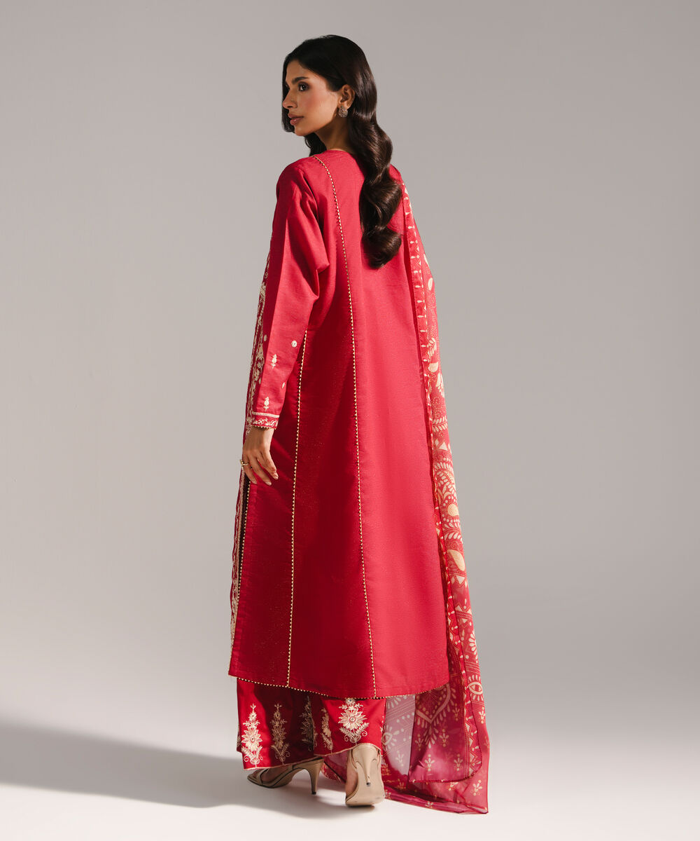Women's RTW Fancy Cotton Embroidered Maroon 3 Piece Suit