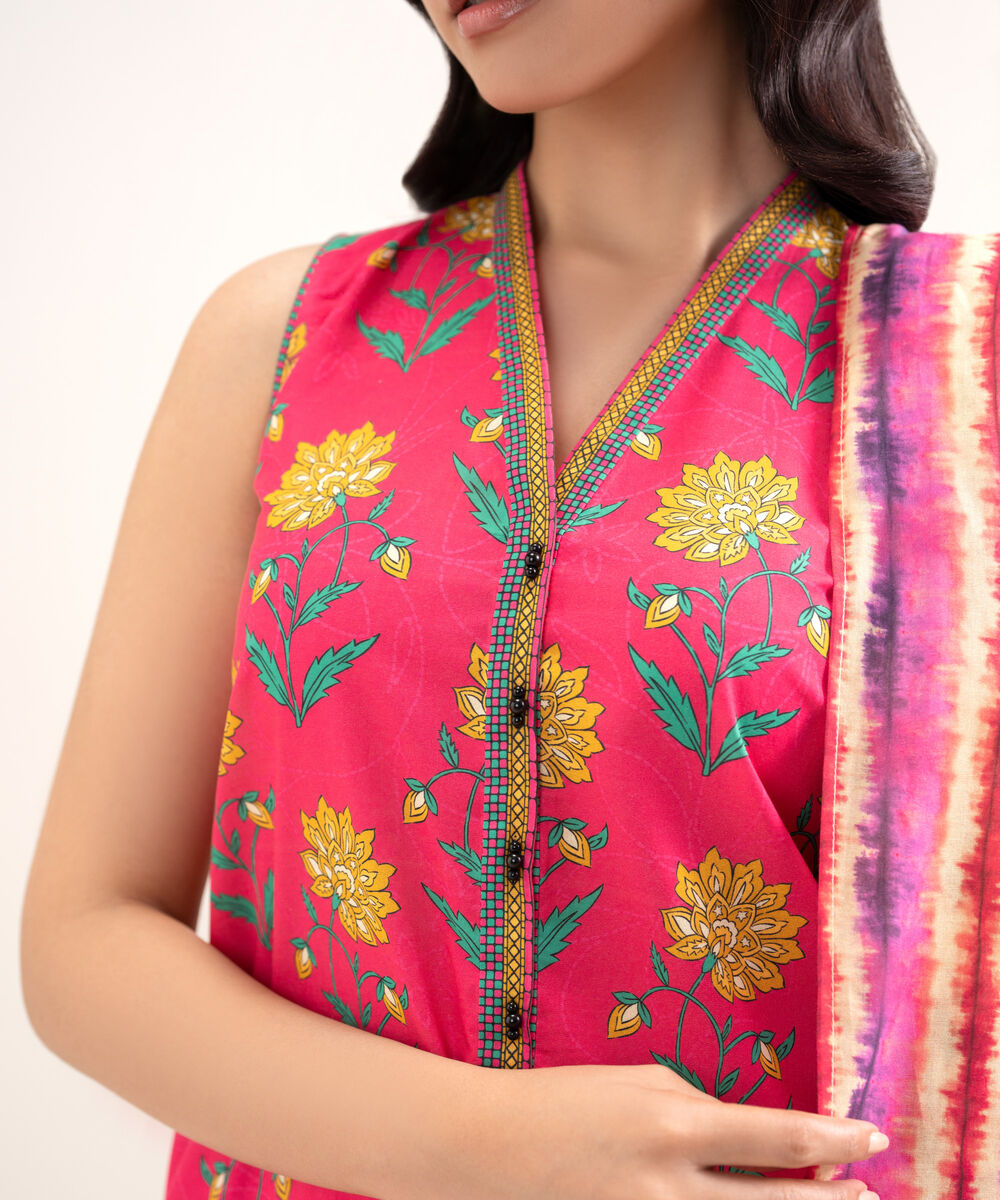 Women's Unstitched Lawn Printed Pink 3 Piece Suit