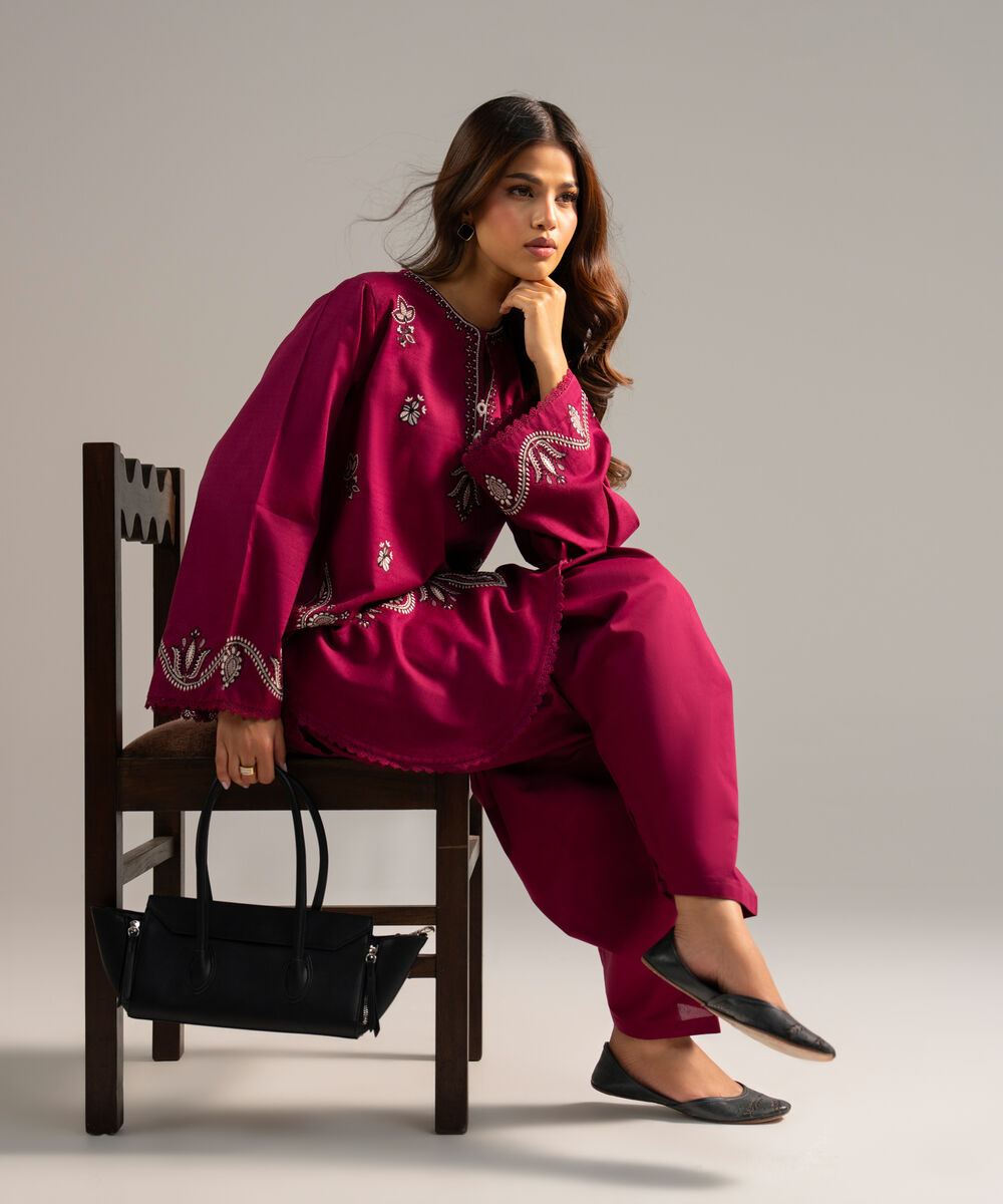 Women's RTW Dobby Embroidered Purple Straight Shirt