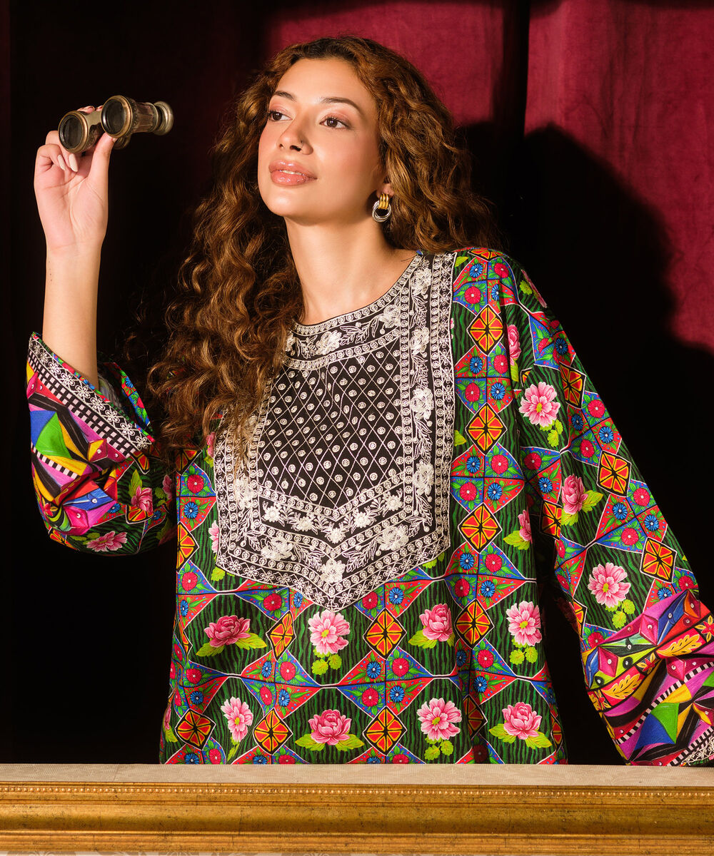 Women's RTW Light Khaddar Embroidered Green Boxy Shirt