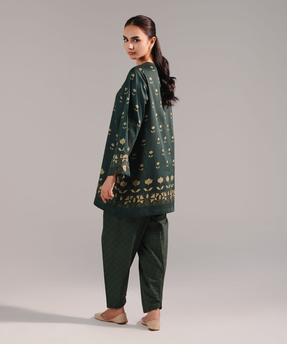 Women's RTW Cotton Satin Printed Dark Green Straight Shirt