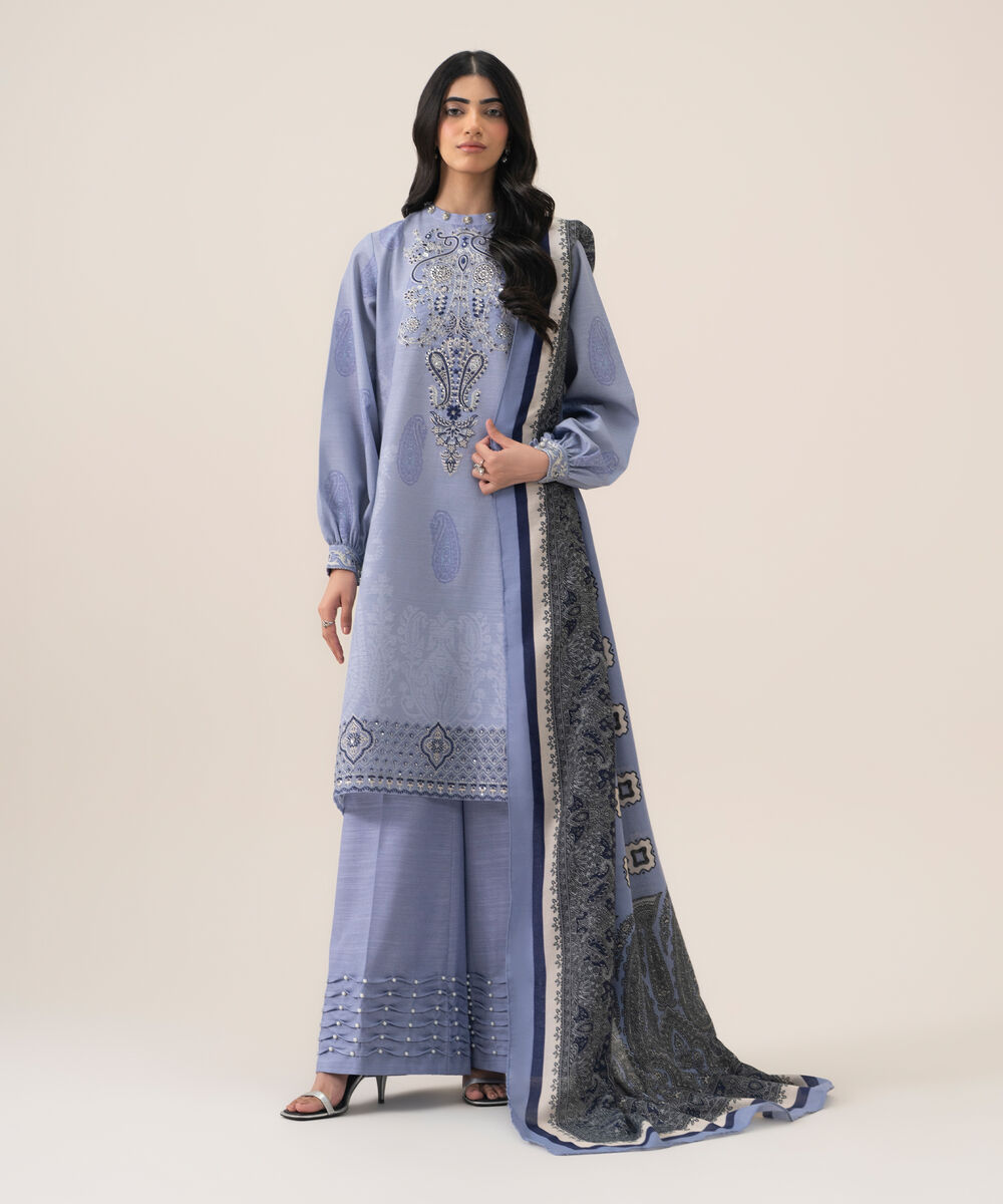 Women's Unstitched Premium Khaddar Printed Lilac 3 Piece Suit