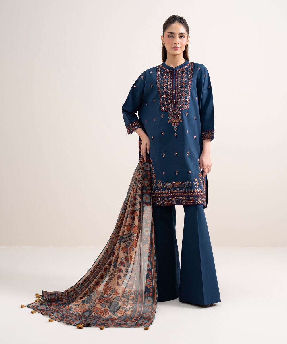 Women's Unstitched Textured Lawn Embroidered Blue 3 Piece Suit