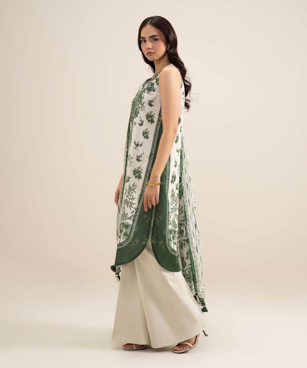 Women's Unstitched Lawn Embroidered Green and Off White  3 Piece Suit
