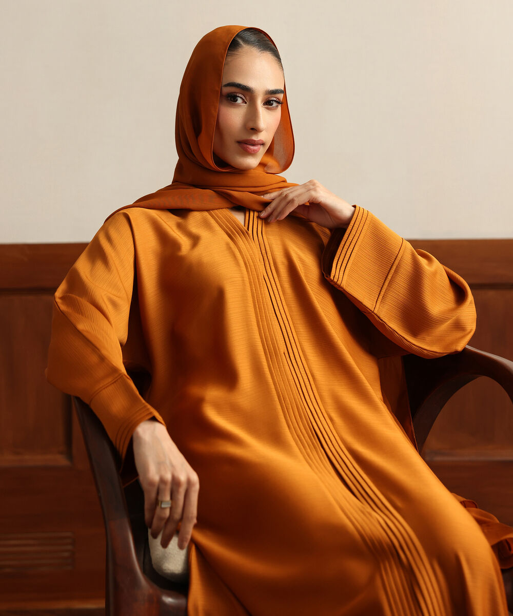 Women's Burnt Orange Pleated Button Through Abaya Set