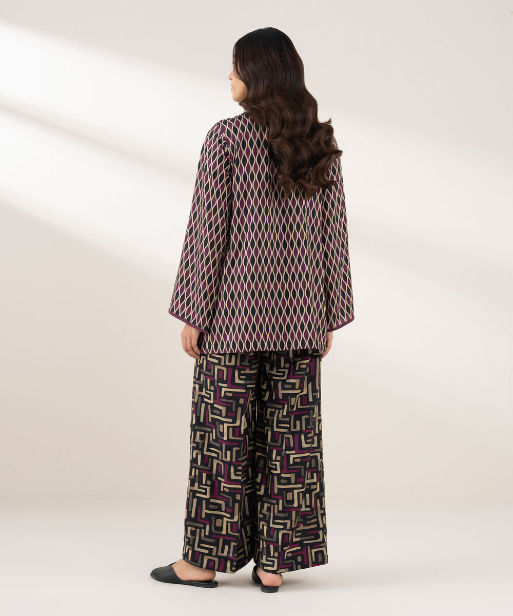 Women's RTW Viscose Linen Printed Straight Purple Shirt