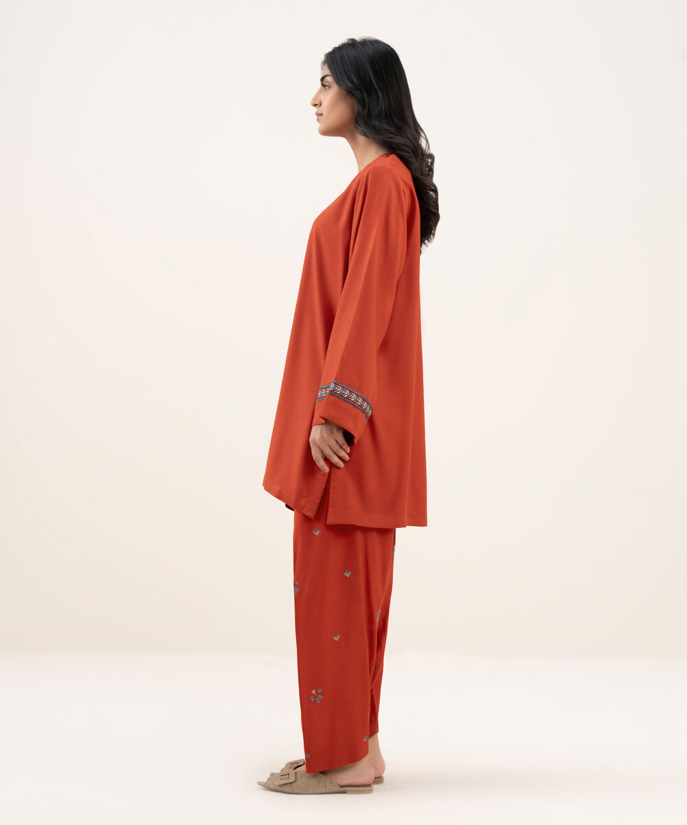 Women's RTW Khaddar Embroidered Straight Red Shirt