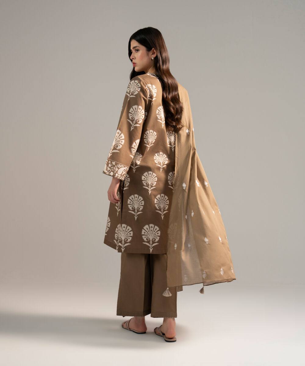 Women's RTW Lawn Printed Dark Beige 3 Piece Suit