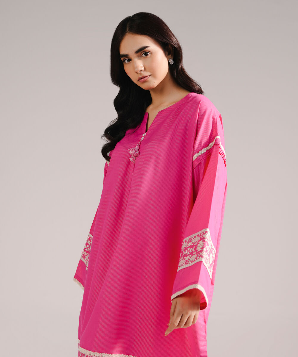 Women's RTW Zari Lawn Embroidered Pink Straight Shirt