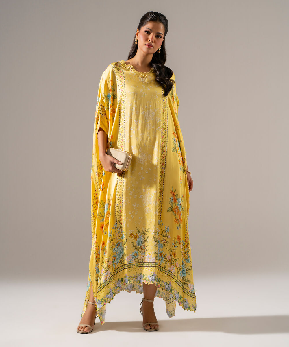 Women's RTW White Featheer Chamoz Printed Yellow Kaftan
