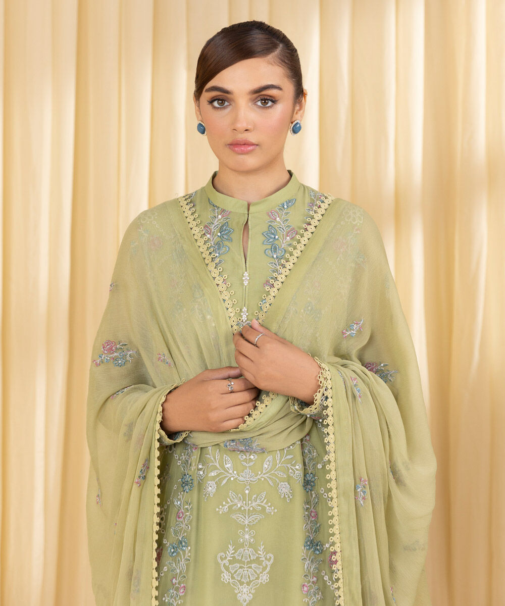 Unstitched Women's Green Blended Chiffon 3 Piece Suit