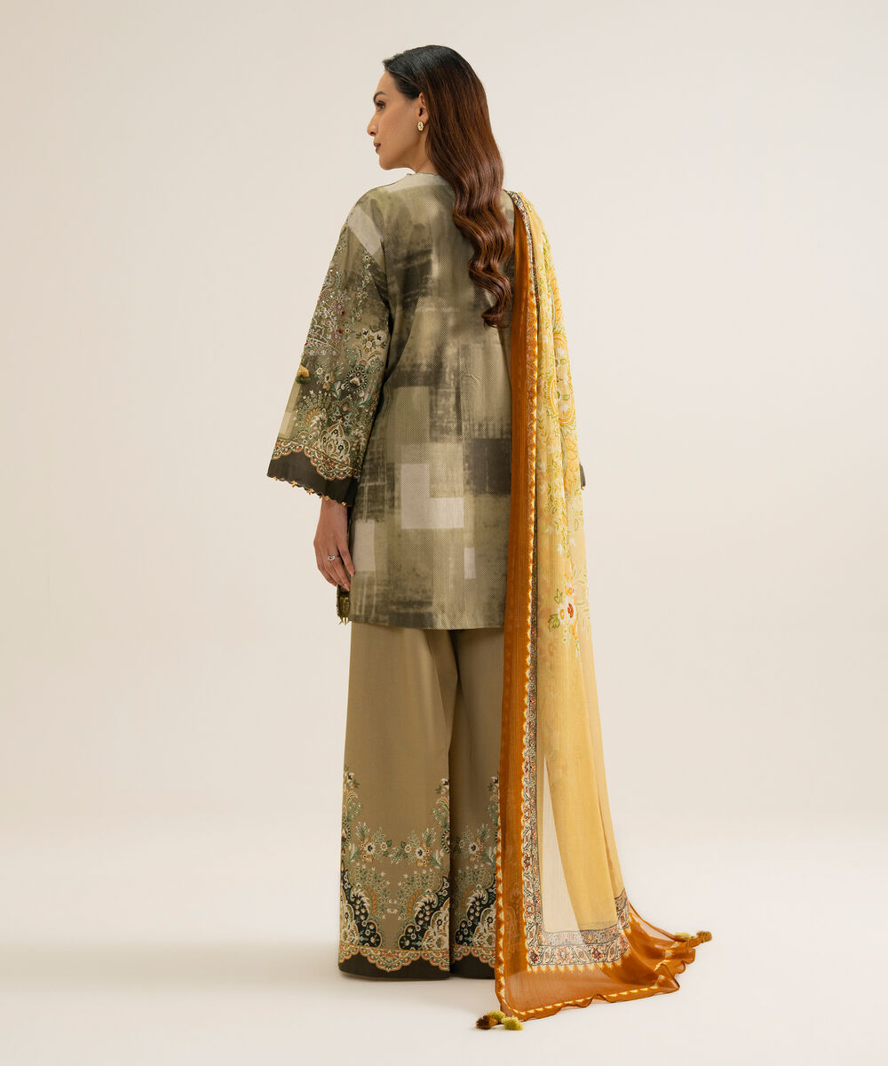 Women's Unstitched Blended Chiffon Printed Green 3 Piece Suit