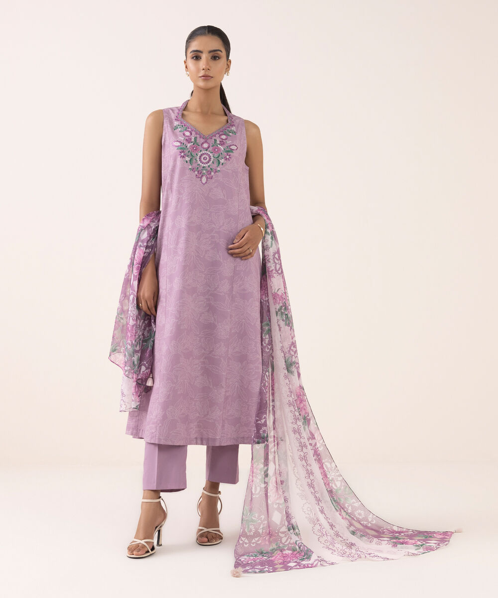 Women's Unstitched Cotton Embroidered Lilac Three Piece Suit