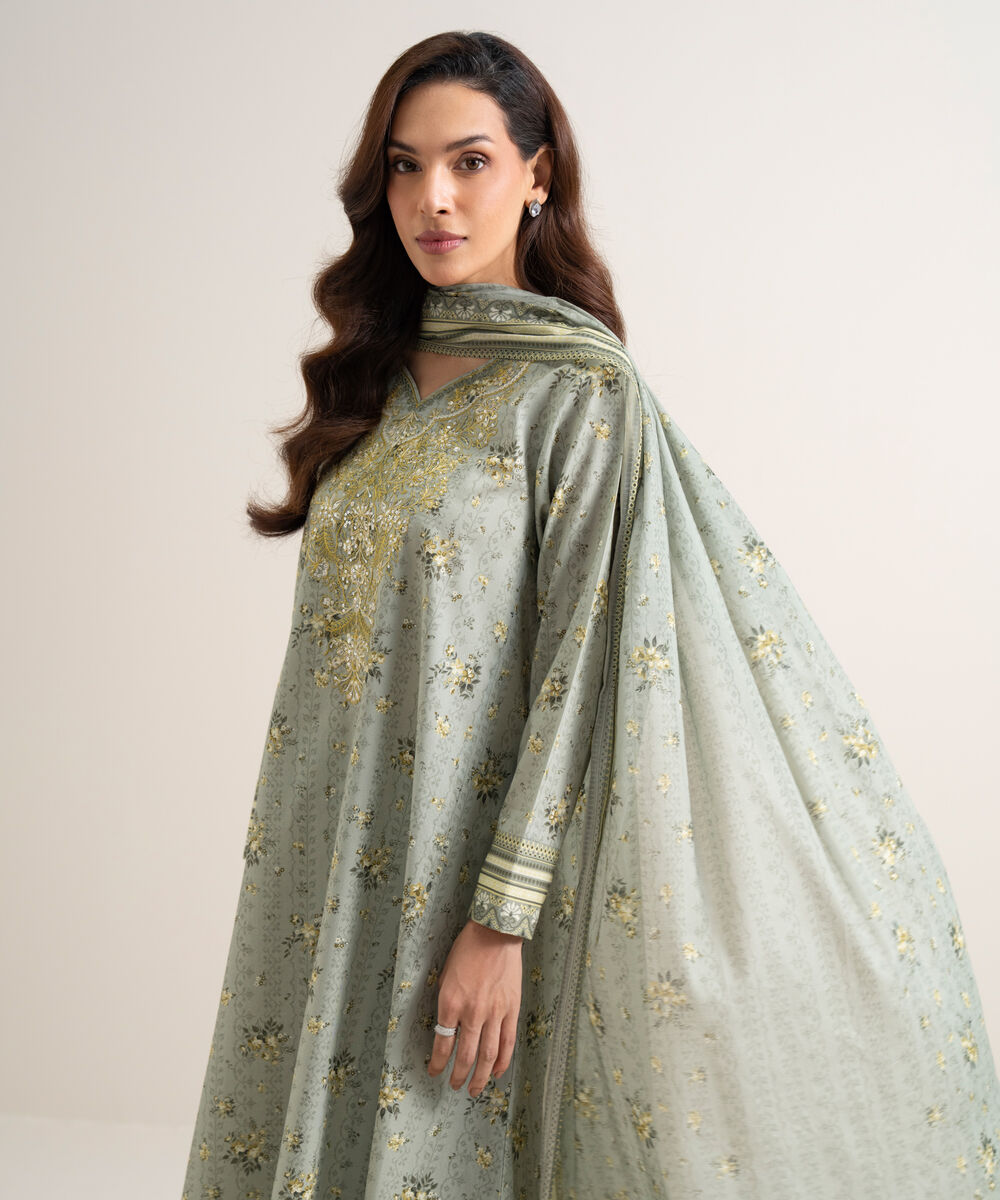 Women's Unstitched Lawn Embroidered Grey