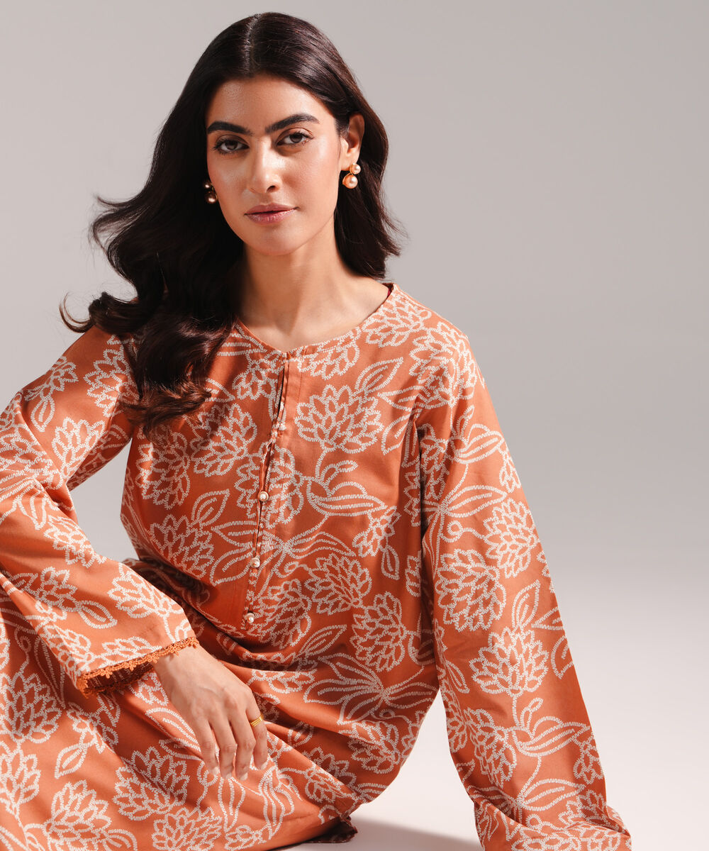 Women's RTW Cotton Viscose Printed Orange 2 Piece Suit