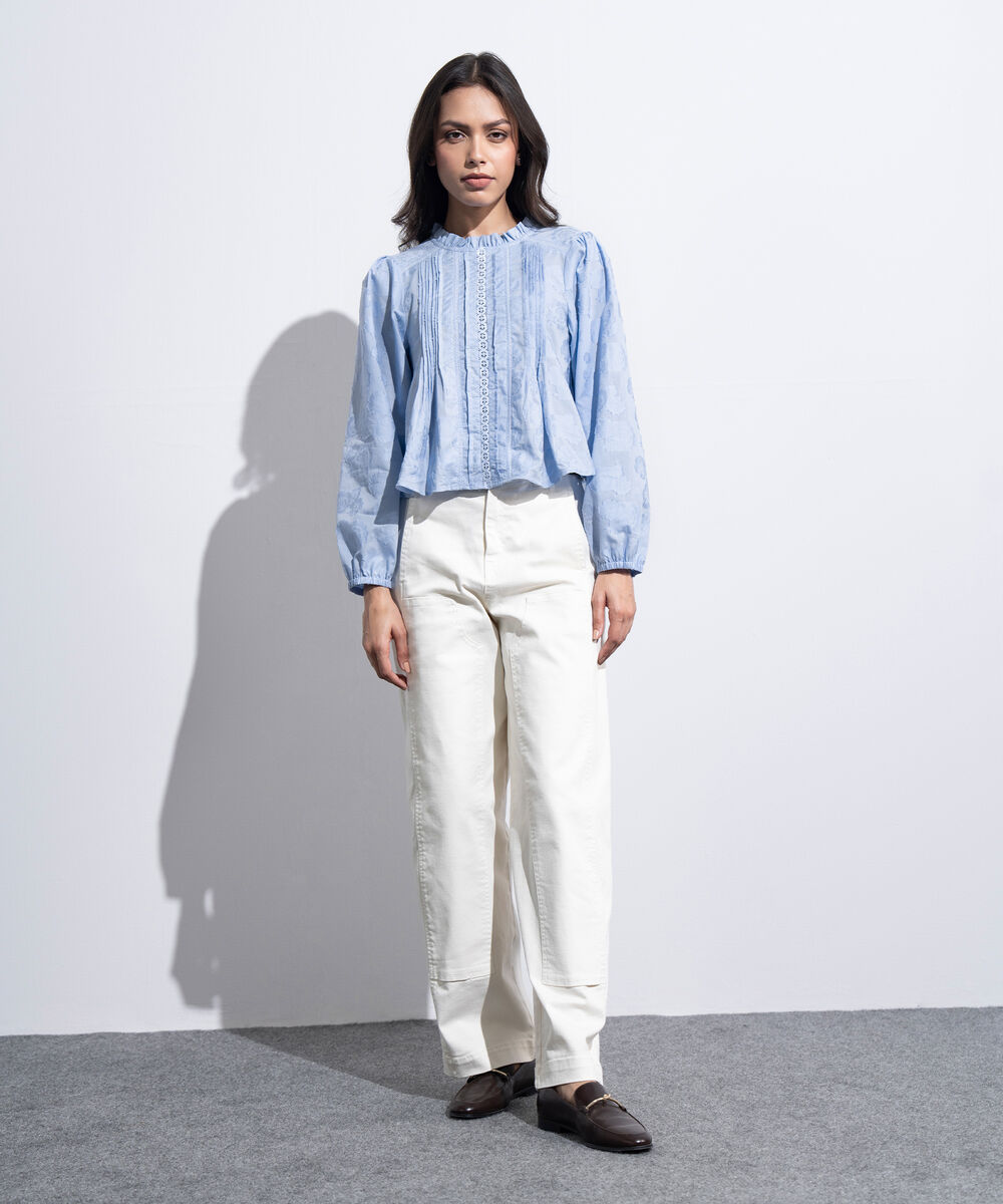 Women's Western Light Blue Textured Blouse With Puffed Sleeves