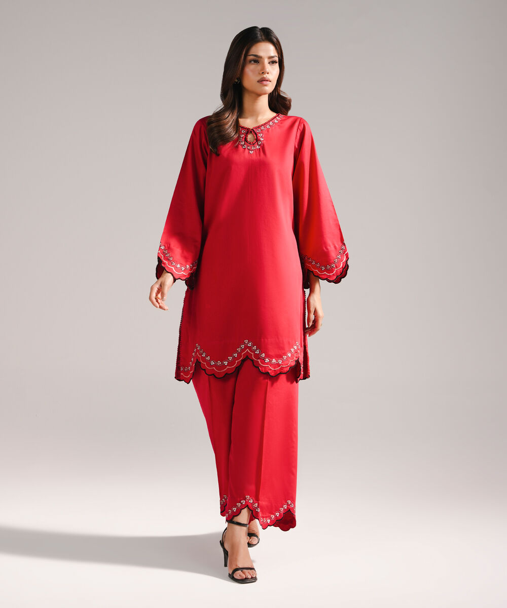 Women's RTW Cotton Satin Embroidered Red 2 Piece Suit