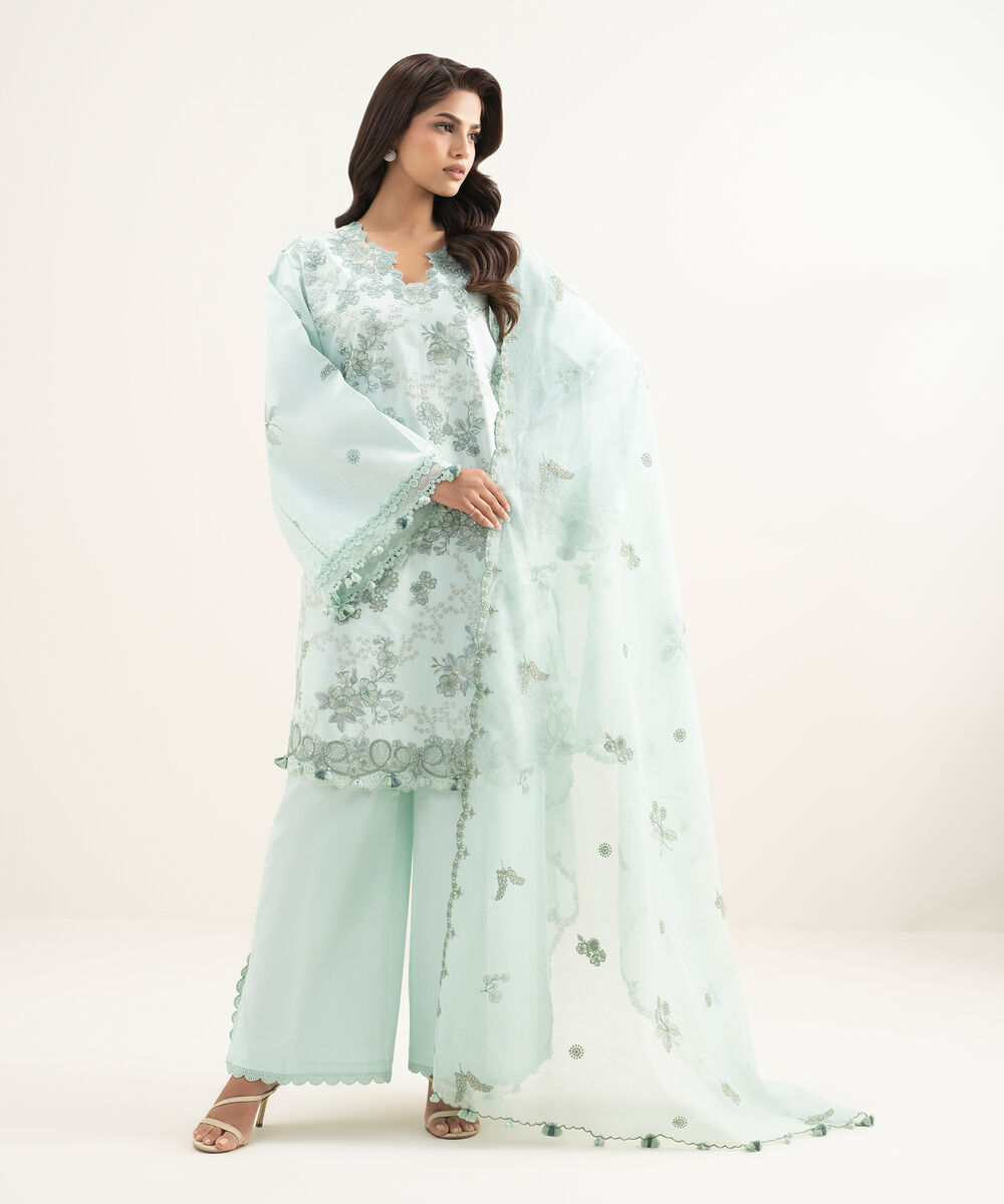 Women's Unstitched Lawn Embroidered Blue 3 Piece Suit