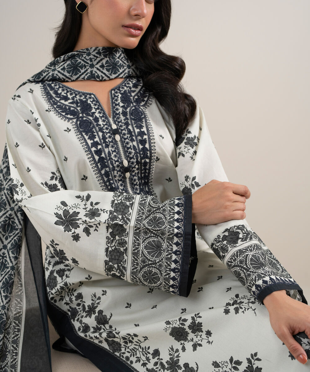 Women's Unstitched Lawn Embroidered Black and White 3 Piece Suit